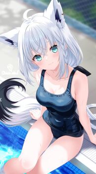 :3 ahoge animal_ear_fluff animal_ear_piercing animal_ears blue_eyes blue_one-piece_swimsuit braid collarbone commentary_request fox_ears fox_girl fox_tail hair_between_eyes highres hololive old_school_swimsuit one-piece_swimsuit poolside school_swimsuit shirakami_fubuki side_braid sitting soaking_feet swimsuit tail toketa-sekai virtual_youtuber wet wet_clothes white_hair