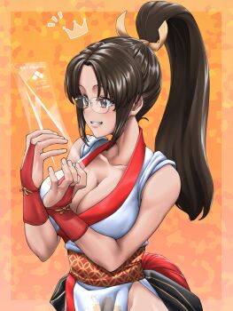 1girl breasts brown_eyes brown_hair cleavage collarbone ekakikakigouki fatal_fury glasses hat hat_ribbon high_ponytail highres holding holding_trophy japanese_clothes kimono loincloth orange_background ponytail ribbon shiranui_mai smile snk solo street_fighter street_fighter_6 teeth the_king_of_fighters trophy upper_body white_kimono yellow_ribbon