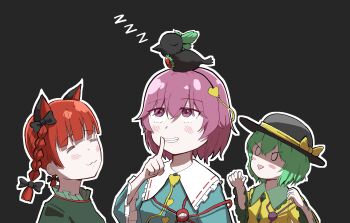3girls :3 =_= absurdres animal animal_on_head bird bird_on_head black_hairband black_hat braid extra_ears green_hair hairband hashtag-only_commentary hat heart highres kaenbyou_rin komeiji_koishi komeiji_satori looking_up multiple_girls on_head outline pink_eyes pink_hair red_hair reiuji_utsuho reiuji_utsuho_(bird) simple_background sleeping third_eye touhou twin_braids upper_body white_outline wwo3302 zzz