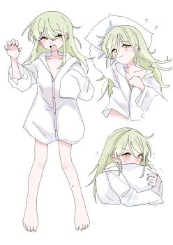 1girl absurdres barefoot blonde_hair blush bobok claw_pose collarbone commentary ear_piercing full_body green_hair highres holding holding_pillow hugging_object long_hair long_sleeves looking_at_viewer multiple_views naked_shirt open_mouth original oversized_clothes oversized_shirt piercing pillow pillow_hug shirt simple_background sleeves_past_wrists slit_pupils teeth white_background white_shirt yellow_eyes