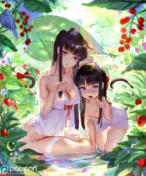 2girls all_fours animal_ears bell berry black_hair blush bow breasts cat_ears cat_tail cleavage downblouse flower food fruit gtunver hair_over_breasts highres komi-san_wa_komyushou_desu komi_shouko large_breasts leaf lily_pad loli long_hair looking_at_viewer multiple_girls natsukido_rei navel nightgown no_bra panties partially_submerged paw_pose plant seiza sitting small_breasts stomach strap_slip strawberry tail tail_bell tail_bow tail_ornament thigh_strap underwear water wet white_panties