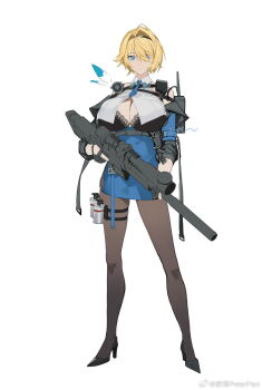 1girl black_bra black_pantyhose blonde_hair blue_skirt bra breasts chinese_commentary commentary_request girls'_frontline girls'_frontline_2:_exilium gun hair_intakes hairband high_heels highres holding holding_gun holding_weapon large_breasts necktie nikketa_(girls'_frontline_2) pantyhose peter_pan_(adtc7243) radio simple_background skirt solo standing underwear vsk-94 vsk-94_(girls'_frontline) weapon white_background