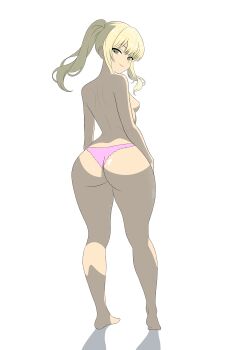1girl ass ass_focus bad_tag blonde_hair breasts code_vein commission commissioner_upload female female_focus from_behind full_body full_body_view green_eyes highres huge_ass looking_at_viewer looking_back mia_karnstein nipples panties petite pink_panties sideboob simple_background small_boobs small_breasts small_breasts_big_ass smile solo twintails underwear white_background