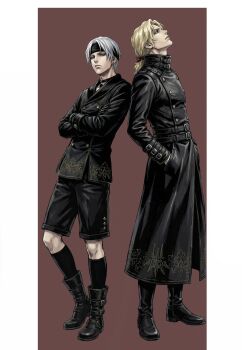 Rule 34 | 2boys, 9s (nier:automata), 9s (nier:automata) (cosplay), absurdres, black boots, black choker, black coat, black gloves, black headband, black jacket, black shorts, black socks, blonde hair, boots, border, brown background, buttons, choker, closed mouth, coat, cosplay, crossed arms, double-breasted, earrings, edgar roni figaro, final fantasy, final fantasy vi, frown, full body, gloves, grey hair, hair ribbon, hands in pockets, headband, highres, jacket, jewelry, locke cole, locke otaku, long coat, looking at viewer, looking up, low ponytail, male focus, medium hair, multiple boys, parted bangs, parted lips, pendant choker, ponytail, red ribbon, ribbon, short hair, shorts, socks, wavy hair, white border