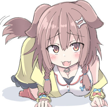 1girl :3 all_fours animal_ears blush bone_hair_ornament braid breasts brown_hair cardigan cartoon_bone cleavage commentary dog_ears dog_girl dog_tail dress fang hair_ornament highres hololive inugami_korone inugami_korone_(1st_costume) jacket large_breasts long_sleeves looking_at_viewer open_mouth red_eyes red_socks socks solo tail tail_wagging twin_braids umberblack virtual_youtuber white_dress yellow_cardigan yellow_jacket