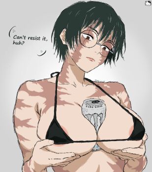 1girl areola_slip bad_tag between_breasts bikini black_bikini breast_lift breasts burn_scar can can_between_breasts collarbone drink_can elemona02 energy_drink english_text glasses grabbing_own_breast green_hair highres jujutsu_kaisen large_breasts micro_bikini monster_energy multiple_scars round_eyewear scar scar_on_arm scar_on_breast scar_on_face scar_on_shoulder scars_all_over short_hair simple_background simulated_paizuri solo swimsuit too_many upper_body zen'in_maki zen'in_maki_(post_shibuya)
