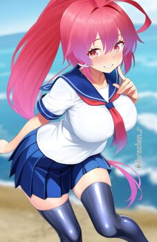 Rule 34 | 1girl, ahoge, beach, black thighhighs, blue sailor collar, blue skirt, blush, breasts, commentary request, dorachan r, hair between eyes, hair ribbon, highres, i-168 (kancolle), kantai collection, large breasts, long hair, looking at viewer, neckerchief, ponytail, red eyes, red hair, red neckerchief, ribbon, sailor collar, school uniform, serafuku, shirt, short sleeves, skirt, smile, solo, thighhighs, twitter username, white shirt