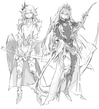 2girls alternate_costume arm_armor armored_legwear blush bodysuit caimu6 closed_mouth commentary commentary_request english_commentary facing_viewer full_body greyscale highres holding holding_sword holding_weapon hololive hololive_english monochrome mori_calliope multiple_girls sideways_glance simple_background standing sword takanashi_kiara tiara veil virtual_youtuber weapon white_background