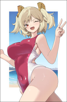 Rule 34 | 1girl, ass, bare arms, bare legs, bare shoulders, blonde hair, blue sky, blush, breasts, burnice white, covered navel, from side, hair ornament, highres, kusunoki toona, looking to the side, ocean, one-piece swimsuit, one eye closed, open mouth, red eyes, sand, short twintails, sky, solo, standing, swimsuit, twintails, v, water, white background, zenless zone zero
