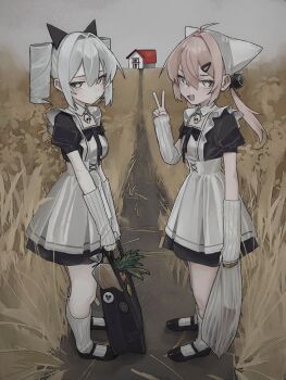 2girls absurdres ahoge apron arm_warmers breasts brown_eyes dress drill_hair field frilled_dress frills green_eyes grey_hair heterochromia highres long_hair looking_at_viewer maid maid_apron multiple_girls neon_(saaal653) open_mouth original pink_hair saaal653 shoes small_breasts socks standing twin_drills twintails v white_socks xenon_(saaal653)