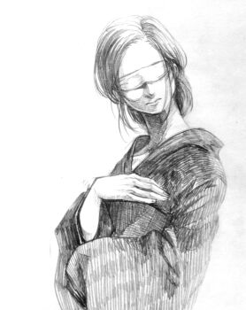 1girl ameishi ballpoint_pen_(medium) blindfold closed_mouth commentary_request covered_eyes expressionless facing_viewer greyscale hand_on_own_chest highres japanese_clothes kimono long_sleeves monochrome obi original parted_bangs pen_(medium) sash short_hair simple_background solo traditional_media updo upper_body wide_sleeves