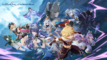 2boys 6+girls aether_(genshin_impact) aino_(genshin_impact) android barefoot black_hair blue_eyes blue_hair breasts closed_eyes closed_mouth coat columbina_(genshin_impact) commentary_request eye_mask flins_(genshin_impact) floating genshin_impact hair_between_eyes head_wings highres ineffa_(genshin_impact) jahoda_(genshin_impact) joints lauma_(genshin_impact) long_hair mask mechanical_arms multicolored_hair multiple_boys multiple_girls nefer_(genshin_impact) official_art paimon_(genshin_impact) pink_hair robot_ears robot_joints sandrone_(genshin_impact) sidelocks smile streaked_hair textless_version thighs two-tone_hair wings yellow_eyes