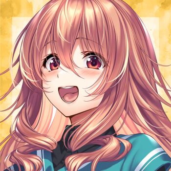 Rule 34 | 1girl, :d, amakano, black shirt, blonde hair, blush, collared shirt, commentary request, cropped, eyes visible through hair, hair between eyes, hoshikawa koharu, long hair, looking at viewer, official art, open mouth, piromizu, red eyes, shirt, smile, solo, teeth, tongue, wing collar, yellow background