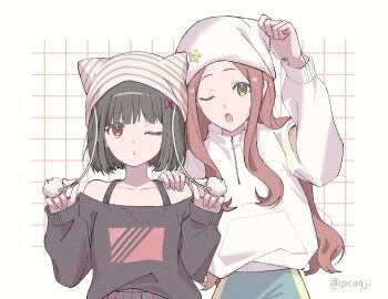Rule 34 | 2girls, ;o, adjusting clothes, adjusting headwear, animal hat, beanie, black hair, black sweater, bob cut, bow, brown eyes, brown hair, casual, cat hat, collarbone, commentary, freckles, grid background, hair bow, hand on another's shoulder, hat, hat ornament, hibike! euphonium, highres, hisaishi kanade, kenzaki ririka, kuji (orca9ji), long hair, long sleeves, multiple girls, o3o, off-shoulder sweater, off shoulder, one eye closed, open mouth, pom pom (clothes), red eyes, short hair, side-by-side, sidelocks, signature, star (symbol), star hat ornament, striped clothes, striped headwear, sweater, twitter username, upper body, wavy hair, white hat, white sweater, zipper