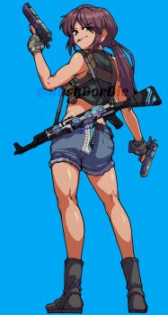 Rule 34 | 1girl, ak-47, assault rifle, back, black boots, black lagoon, blue background, blue shorts, boots, brown eyes, brown hair, cigarette, commentary, commission, counter-strike (series), counter-strike 2, crop top, desert eagle, dual wielding, english commentary, fingerless gloves, from behind, full body, gloves, green shirt, grey gloves, grin, gun, gun decal, handgun, highres, holding, holding gun, holding weapon, hugo (rushbordie), kalashnikov rifle, long hair, low ponytail, ponytail, revy (black lagoon), rifle, shirt, short shorts, shorts, simple background, sleeveless, sleeveless shirt, smile, solo, standing, trigger discipline, weapon