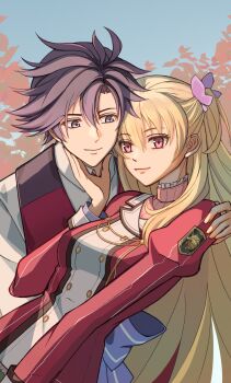 1boy 1girl aiguillette alisa_reinford back_bow black_hair blonde_hair blue_bow blue_sky bow breasts butterfly_hair_ornament closed_mouth curtained_hair eiyuu_densetsu hair_between_eyes hair_ornament half_updo highres hug jacket long_hair long_sleeves medium_breasts one_side_up outdoors parted_bangs puffy_long_sleeves puffy_sleeves purple_eyes rean_schwarzer red_eyes ribbed_sweater riwancece_428 school_uniform sen_no_kiseki_(series) short_hair sky smile sweater thors_military_academy_class_vii_uniform upper_body vest waistcoat