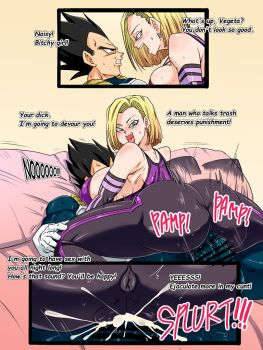 1boy 1girl android_18 ass black_eyes black_hair blonde_hair blue_eyes breasts censored covered_erect_nipples cum dragon_ball dragon_ball_super dragonball_z english_text huge_breasts mosaic_censoring penis pussy rickert_kai sex short_hair text_focus translation_request vegeta