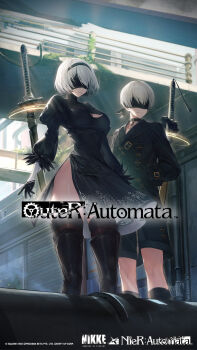 1boy 1girl 2b_(nier:automata) 9s_(nier:automata) artist_request black_choker black_hairband black_jacket black_shorts blindfold boots choker cleavage_cutout closed_mouth clothing_cutout commentary covered_eyes crossover english_commentary feather-trimmed_sleeves feather_trim from_below goddess_of_victory:_nikke hairband highres holding holding_behind_back holding_sword holding_sword_behind_back holding_weapon holding_weapon_behind_back industrial_pipe jacket juliet_sleeves long_sleeves nier:automata nier_(series) official_art outdoors puffy_sleeves railing short_hair shorts sword thighhighs thighhighs_under_boots virtuous_contract weapon white_hair