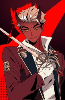 Rule 34 | 1boy, apollo (deadlock), black hair, blonde hair, burasto, closed mouth, collared shirt, colored sclera, colored skin, commentary, deadlock (game), demon boy, demon horns, english commentary, gloves, grey sclera, highres, holding, holding sword, holding weapon, horns, jacket, lapels, long sleeves, male focus, multicolored hair, red jacket, red skin, shirt, solo, sword, two-tone hair, upper body, weapon, white gloves, white shirt, yellow eyes