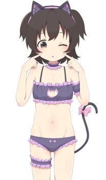 1girl absurdres akagi_miria animal_ears bad_tag bra brown_eyes brown_hair cat_lingerie cat_tail choker fake_animal_ears fake_tail female_focus flat_chest highres idolmaster idolmaster_cinderella_girls idolmaster_cinderella_girls_u149 legs lingerie loli mooramango navel one_eye_closed panties short_twintails solo standing stomach tail thigh_strap thighs twintails underwear white_background