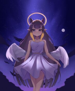 Rule 34 | 1girl, alternate costume, angel, animal ears, arms at sides, bare shoulders, black hair, black nails, blunt bangs, breasts, center-flap bangs, closed mouth, commentary, dress, english commentary, feathered wings, feet out of frame, film grain, full moon, gradient hair, grey eyes, halo, highres, hololive, hololive english, long hair, looking at viewer, low wings, moon, multicolored hair, nail polish, night, night sky, ninomae ina'nis, orange hair, pointy ears, purple hair, pyrokuro, short dress, sidelocks, sky, small breasts, smile, solo, straight hair, strapless, strapless dress, sunset, tentacle hair, very long hair, virtual youtuber, white dress, white wings, wings