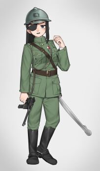 1girl absurdres adrian_helmet belt black_eyes black_hair boots coat combat_helmet commentary english_commentary eyepatch green_coat green_pants gun handgun helmet high_boots highres korea long_hair mauser_c96 medal military military_uniform original pants pocket pzkpfwi saber_(weapon) sam_browne_belt scabbard semi-automatic_pistol sheath spurs sword weapon yin_yang