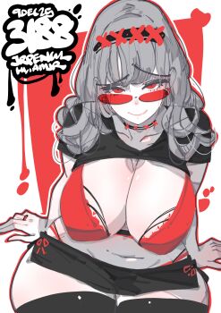 1girl absurdres artist_name black_shirt black_skirt bra breasts cleavage closed_mouth clothes_lift commentary cowboy_shot curvy english_commentary grey_hair highres jewelry jrpencil large_breasts long_hair looking_at_viewer microskirt original panty_straps raised_inner_eyebrows red-tinted_eyewear red_bra red_eyes ring shirt shirt_lift sitting skirt smile solo sunglasses tinted_eyewear underwear wide_hips