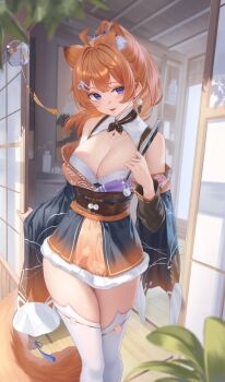 Rule 34 | 1girl, absurdres, ahoge, animal ear fluff, animal ears, bare shoulders, blue eyes, blush, breasts, cleavage, commentary request, folded fan, folding fan, hair between eyes, hand fan, hand up, highres, holding, holding fan, hong (vsak3373), indoors, large breasts, long hair, looking at viewer, meridian project, orange hair, orange sash, parted lips, solo, standing, tail, thighhighs, very long hair, virtual youtuber, white thighhighs, yuzumi (meridian project)