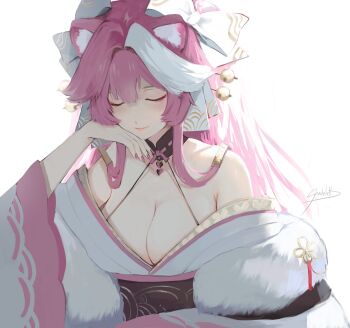 1girl animal_ear_fluff animal_ears bell black_choker black_sash bow breasts choker cleavage closed_eyes commentary english_commentary feather_boa hair_intakes hair_ornament hair_stick hand_on_own_cheek hand_on_own_face heart_collar highres hololive hololive_english japanese_clothes kimono large_breasts light_smile long_hair multicolored_hair obi off_shoulder official_alternate_costume official_alternate_hairstyle panther_ears panther_girl pink_hair raora_panthera raora_panthera_(new_year) sash shadelett sleepy solo streaked_hair virtual_youtuber white_background white_bow white_kimono white_streaks