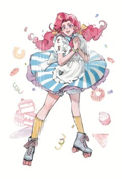 1girl :3 :d ankle_boots apron back_bow bead_bracelet beads bloomers blue_dress blue_eyes boots bow bowtie bracelet cake cake_slice candy chinese_commentary chocolate_chip_cookie collared_dress colored_eyelashes commentary_request confetti cookie cupcake curly_hair donut dress equestria_girls:_summertime_shorts food footwear_bow frilled_apron frilled_bloomers frills fruit full_body hair_bow hair_ribbon hands_up heart highres interlocked_fingers jewelry kneehighs lace-up_boots legs_apart leiyezhongma1 long_hair looking_at_viewer low_twintails my_little_pony my_little_pony:_equestria_girls my_little_pony:_friendship_is_magic open_mouth own_hands_clasped own_hands_together petticoat pink_bow pink_bowtie pink_hair pinkie_pie pinkie_pie_(equestria_girls) puffy_short_sleeves puffy_sleeves ribbon roller_skates short_dress short_sleeves simple_background skates smile socks solo standing strawberry strawberry_cake strawberry_slice striped_clothes striped_dress teeth tongue twintails two-tone_dress underwear vertical-striped_clothes vertical-striped_dress white_apron white_background white_bloomers white_boots white_bow white_dress white_ribbon wrapped_candy yellow_bow yellow_socks