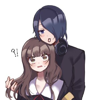 1boy 1girl bangs_over_one_eye black_dress black_jacket dress hair_tie_in_mouth hetero highres iino_miko ishigami_yuu jacket kaguya-sama_wa_kokurasetai_~tensai-tachi_no_renai_zunousen~ long_hair mouth_hold n1ku22a shuuchiin_academy_school_uniform