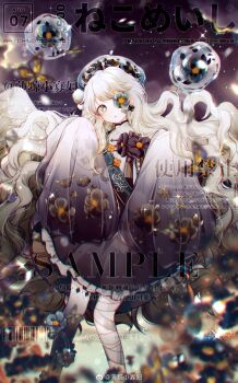 1girl absurdres angel_wings bandaged_leg bandages black_flower black_skin black_skirt black_sleeves blonde_hair blue_eyes blue_flower blue_hat blue_sash boqing_xiao_guafu bug butterfly butterfly_tattoo chinese_clothes chinese_commentary cloud collared_shirt colored_skin commentary_request commission dated feathered_wings feet_out_of_frame field floating_hair floral_print flower flower_field flower_in_eye frilled_skirt frills gradient_eyes gradient_skin gradient_sleeves hat high_collar highres insect leg_tattoo light_particles long_hair long_sleeves looking_at_viewer miniskirt multicolored_eyes night night_sky orange_butterfly original outdoors peony_(flower) plate pleated_skirt puffy_long_sleeves puffy_sleeves sample_watermark sash shards shirt skirt sky sleeves_past_fingers sleeves_past_wrists solo sparkle standing symbol_in_eye tattoo too_many_watermarks very_long_hair watermark wavy_hair weibo_watermark white_shirt white_wings wings yellow_eyes