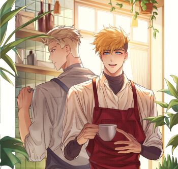 2boys absurdres apron black_shirt blonde_hair blue_apron blue_eyes border brothers closed_mouth collared_shirt commentary_request cup grey_hair groquis_j hair_between_eyes hanging_plant highres holding holding_cup korean_commentary male_focus millions_knives mole mole_under_eye multiple_boys open_mouth plant potted_plant red_apron shirt shirt_under_shirt short_hair siblings smile tile_wall tiles trigun trigun_stampede undercut upper_body vash_the_stampede white_border white_shirt