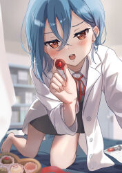 Rule 34 | 1girl, barefoot, blue hair, blurry, blurry background, blush, box, chocolate, coat, collarbone, collared shirt, commentary request, crossed bangs, dress, dress shirt, earrings, food, grey dress, hair between eyes, hand out of frame, heart, heart-shaped box, heart-shaped pupils, highres, holding, holding chocolate, holding food, jewelry, kneeling, lab coat, leaning forward, long sleeves, looking at viewer, love live!, love live! superstar!!, neck ribbon, nekomarunisei, open mouth, partial commentary, red eyes, red ribbon, ribbon, school uniform, seductive smile, shirt, short dress, short hair, smile, solo, stud earrings, symbol-shaped pupils, syringe, teeth, upper teeth only, wakana shiki, white coat, white shirt, winter uniform, yuigaoka school uniform