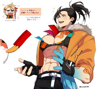 2boys abs aqua_eyes arm_tattoo axel_syrios axel_syrios_(1st_costume) beard_stubble belt between_pectorals black_gloves black_hair black_pants blonde_hair blue_hands blush braid chest_tattoo colored_extremities earrings facial_hair fingerless_gloves fingernails flower fur-trimmed_jacket fur_trim gloves highres holostars holostars_english jacket jewelry josuiji_shinri josuiji_shinri_(1st_costume) koipanion_(josuiji_shinri) large_pectorals male_focus multicolored_hair multiple_boys muscular muscular_male open_mouth orange_jacket pants pectorals ponytail red_hair red_streaks sharp_teeth siawaseki05 side_braid single_braid sleeves_rolled_up sparkle streaked_hair stubble super_chat tattoo teeth translation_request upper_body virtual_youtuber white_background white_belt