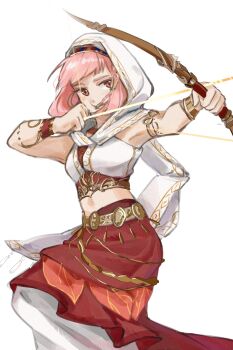 Rule 34 | 1girl, armor, armpits, arrow (projectile), bare shoulders, beads, belt, bow (weapon), bracelet, braid, brown eyes, cloak, commentary request, crop top, determined, drawing bow, floating hair, gold armor, gold belt, gold bracelet, hair beads, hair ornament, hairband, highres, holding, holding arrow, holding bow (weapon), holding weapon, hongcha pi, hood, hood up, hooded cloak, infinity nikki, jewelry, knee up, layered shirt, long skirt, looking to the side, midriff, multicolored hairband, multiple bracelets, navel, nikki (nikki), nikki (series), pink hair, pleated skirt, purifying wind (infinity nikki), red shirt, red skirt, shirt, short hair, side braid, simple background, single braid, skirt, sleeveless, sleeveless shirt, solo, weapon, white background, white cloak, white shirt, white skirt