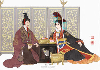 Rule 34 | 2boys, artist name, beizi (clothing), black eyes, black hair, chinese clothes, chinese commentary, chinese text, commentary request, ding (vessel), food, fruit, guan hat, hair pulled back, hanfu, hat, holding, jewelry, jiaoling ruqun, layered clothes, lizhi xiaochaorou, long sleeves, looking at another, male focus, mian guan, multiple boys, original, peach, robe, sash, short hair, sitting, smile, table, teapot, topknot, wide sleeves, xiao guan (headdress), zun (cup)