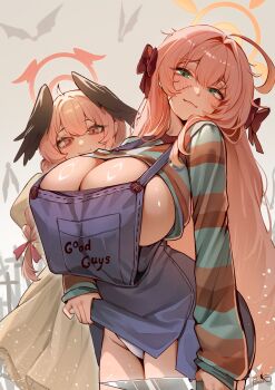 2girls absurdres ahoge alternate_costume black_wings blue_archive blue_overalls breasts child&#039;s_play chucky chucky_(cosplay) closed_mouth commentary cosplay english_commentary english_text feathered_wings green_eyes hair_between_eyes hair_intakes halloween_costume halo hanako_(blue_archive) head_tilt head_wings highres holding holding_knife huge_ahoge huge_breasts knife koharu_(blue_archive) long_hair looking_at_viewer multiple_girls overalls overalls_pull panties pink_eyes pink_hair pumiss shiny_skin shirt smile stitched_face stitches striped_clothes striped_shirt underwear white_panties winged_halo wings