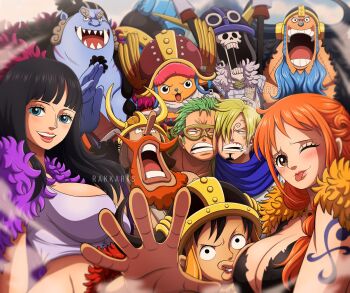 2girls 6+boys alternate_costume alternate_hairstyle angry antlers artist_name beard black_capelet black_hair blonde_hair blue_eyes blue_hair blush breasts brook_(one_piece) brook_(one_piece)_(elbaf) brown_eyes capelet cleavage face_to_breasts facial_hair fake_beard fake_facial_hair fake_horns franky_(one_piece) franky_(one_piece)_(elbaf) fur-trimmed_capelet fur_capelet fur_trim goggles green_hair group_picture happy helmet highres horned_helmet horns jinbe_(one_piece) jinbe_(one_piece)_(elbaf) large_breasts looking_at_viewer monkey_d._luffy monkey_d._luffy_(elbaf) multiple_boys multiple_girls nami_(one_piece) nami_(one_piece)_(elbaf) nico_robin nico_robin_(elbaf) official_alternate_costume official_alternate_hairstyle one_piece open_mouth orange_hair purple_capelet rakara11_(rakkarts) red_capelet reindeer roronoa_zoro roronoa_zoro_(elbaf) sanji_(one_piece) sanji_(one_piece)_(elbaf) smile straw_hat_pirates teeth tongue tongue_out tony_tony_chopper tony_tony_chopper_(elbaf) usopp usopp_(elbaf) viking viking_helmet yellow_capelet
