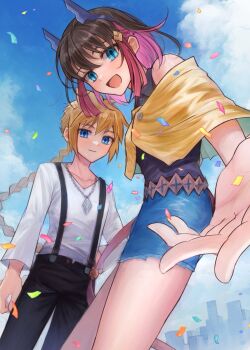 1boy 1girl azure_striker_gunvolt azure_striker_gunvolt_3 bare_shoulders black_shirt blonde_hair blue_eyes blue_shorts blurry blurry_background blush braid braided_ponytail brown_hair closed_mouth commentary_request confetti cowboy_shot gunvolt highres horns kirin_(gunvolt) long_hair multicolored_hair open_mouth pink_hair reaching reaching_towards_viewer red_hair rikarika shirt shorts smile suspenders white_shirt