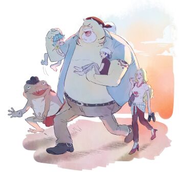 1girl 3boys ^_^ aged_down beard black_shoes blue_hair carrying carrying_person closed_eyes commentary facial_hair franky_(one_piece) frog full_body gisa010101 green_hair high_heels highres iceburg kokoro_(one_piece) multiple_boys one_piece pants ponytail sharp_teeth shoes smile symbol-only_commentary teeth tom_(one_piece) walking white_hair yokozuna_(one_piece)