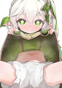 1girl bloomers clothes_lift dress dress_lift genshin_impact green_dress green_eyes green_hair hair_ornament highres leaf_in_hair lifting_own_clothes loli long_hair looking_at_viewer multicolored_hair nahida_(genshin_impact) navel pointy_ears side_ponytail sitting smile so_(user_jkaz7455) solo spread_legs steam stomach sweat thighs two-sided_dress two-sided_fabric two-tone_hair underwear white_bloomers white_dress white_hair