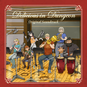 3boys 3girls absurdres animal_ears beard black_hair blonde_hair blush boom_microphone border brown_hair camisole cat_ears cat_girl cat_tail chair chilchuck_tims contemporary crop_top denim drum dungeon_meshi dwarf elf facial_hair falin_touden french_horn grey_hair halfling highres holding_instrument holding_trombone horn_(instrument) hurdy-gurdy instrument izutsumi jeans laios_touden marcille_donato multiple_boys multiple_girls music necktie oboe official_art pants playing_instrument pointy_ears recording_studio senshi_(dungeon_meshi) shirt sitting standing tail trombone