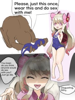 1boy 1girl artist_request bad_id bad_pixiv_id blonde_hair chaos_marie_(grimms_notes) engrish grimms_notes long_hair old_school_swimsuit pink_eyes pink_ribbon ranguage ribbon school_swimsuit speech_bubble swimsuit