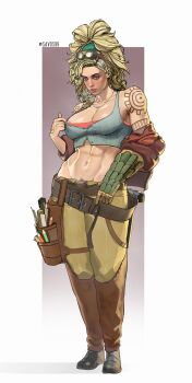 1girl abs absurdres arm_tattoo asymmetrical_hair blacksmith blacksmith_tongs blonde_hair boots braid breasts brown_pants cleavage commentary english_commentary facing_viewer freckles full_body gemma_(monster_hunter_wilds) goggles hairband hand_tattoo highres jacket jewelry leather leather_belt leather_jacket light_blush lips monster_hunter_(series) monster_hunter_wilds multiple_braids navel necklace nipple_slip nipples nose pants pencil pubic_hair savos99 shoulder_tattoo simple_background single_bracer solo tank_top tattoo tool_belt tools undressing