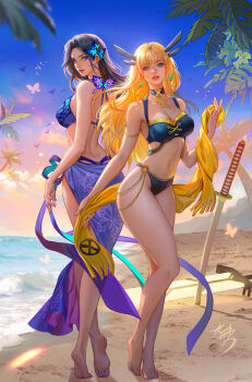 2girls ass bikini black_hair blonde_hair blue_eyes breasts bug butterfly fan_yang_(jiuge) insect large_breasts long_hair looking_at_viewer magik's_crown magik_(x-men) marvel multiple_girls navel psylocke purple_eyes swimsuit sword weapon x-men