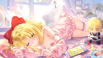 1girl angel_wings apron arm_warmers black_dress blonde_hair bow character_doll chips_(food) commentary_request doll dress feathered_wings food frilled_arm_warmers frilled_dress frills fumo_(doll) gengetsu_(touhou) hair_bow handheld_game_console highres indoors jitome lying maid maid_headdress medium_hair mugetsu_(touhou) nintendo_switch on_back one_eye_closed paranoia495514 pillow pink_dress potato_chips red_bow sleeveless sleeveless_dress solo spaghetti_strap touhou touhou_(pc-98) white_wings wings yellow_eyes