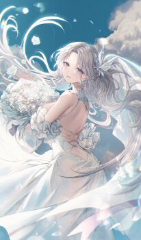 1girl absurdres ass azur_lane backless_dress backless_outfit blue_eyes bouquet dress flower from_behind highres holding holding_bouquet long_hair looking_at_viewer looking_back official_alternate_costume ozzingo wedding_dress white_hair yorktown_(azur_lane) yorktown_(towards_tomorrow&#039;s_brilliant_breeze)_(azur_lane) yorktown_ii_(azur_lane)