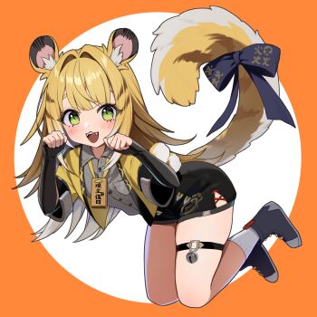 1girl absurdres animal_ears black_shoes black_shorts blonde_hair bow collared_shirt commentary_request green_eyes grey_shirt highres jacket ju_fufu long_hair looking_at_viewer orange_background ougi_hotate paw_pose shirt shoes shorts simple_background solo striped_hair tail tail_bow tail_ornament thigh_strap tiger_ears tiger_girl tiger_tail yellow_jacket zenless_zone_zero