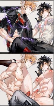 2boys absurdres bite_mark bite_marks blush electricity genshin_impact handprint highres implied_handjob leg_on_another&#039;s_shoulder multiple_boys tartaglia_(genshin_impact) yanwangyedepigu yaoi zhongli_(genshin_impact)